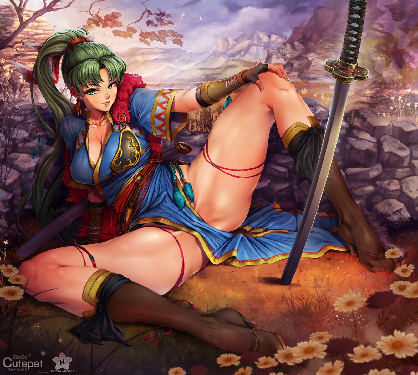 armor cleavage cutepet fire_emblem heels japanese_clothes lyndis_(fire_emblem) sword