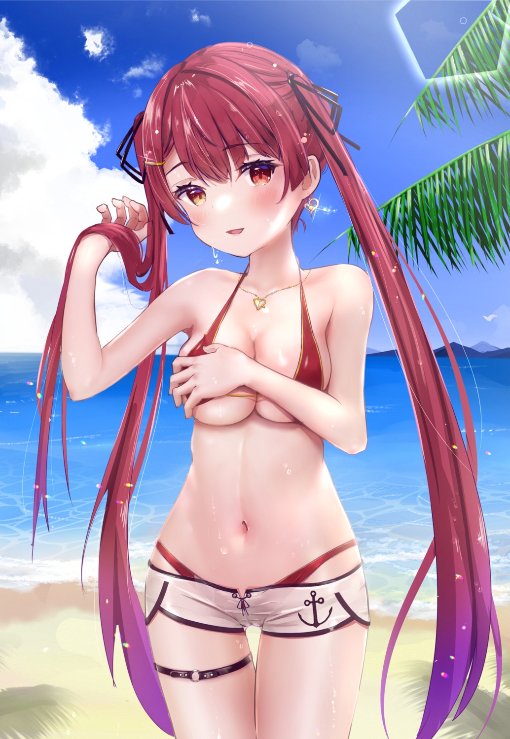 bikini breast_grab cameltoe garter heterochromia hololive houshou_marine ontake2009 see_through swimsuits wet wet_clothes