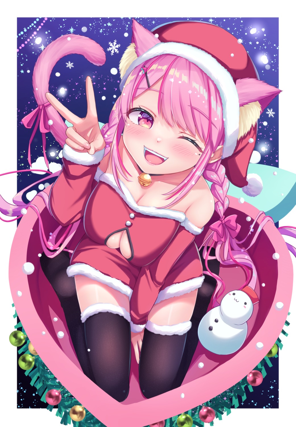 animal_ears christmas nekomimi no_bra tail tenzeru thighhighs