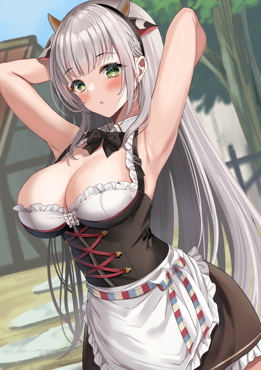 animal_ears cleavage harimoji hololive horns no_bra shirogane_noel waitress