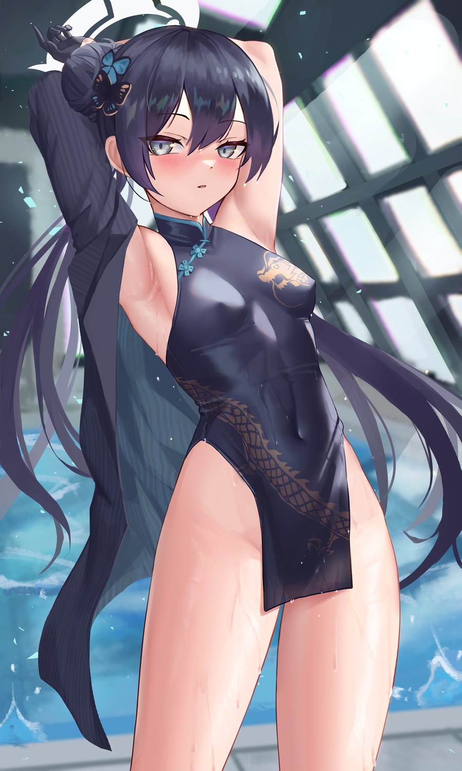 blue_archive chinadress erect_nipples halo jixo_(user_nzhc8728) no_bra ryuuge_kisaki wet