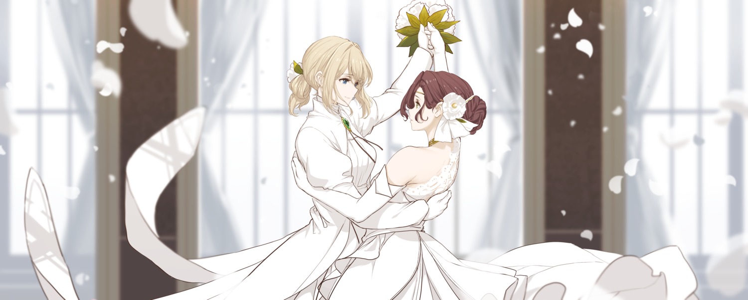 crossdress dishwasher1910 dress isabella_york violet_evergarden violet_evergarden_(character) wedding_dress yuri