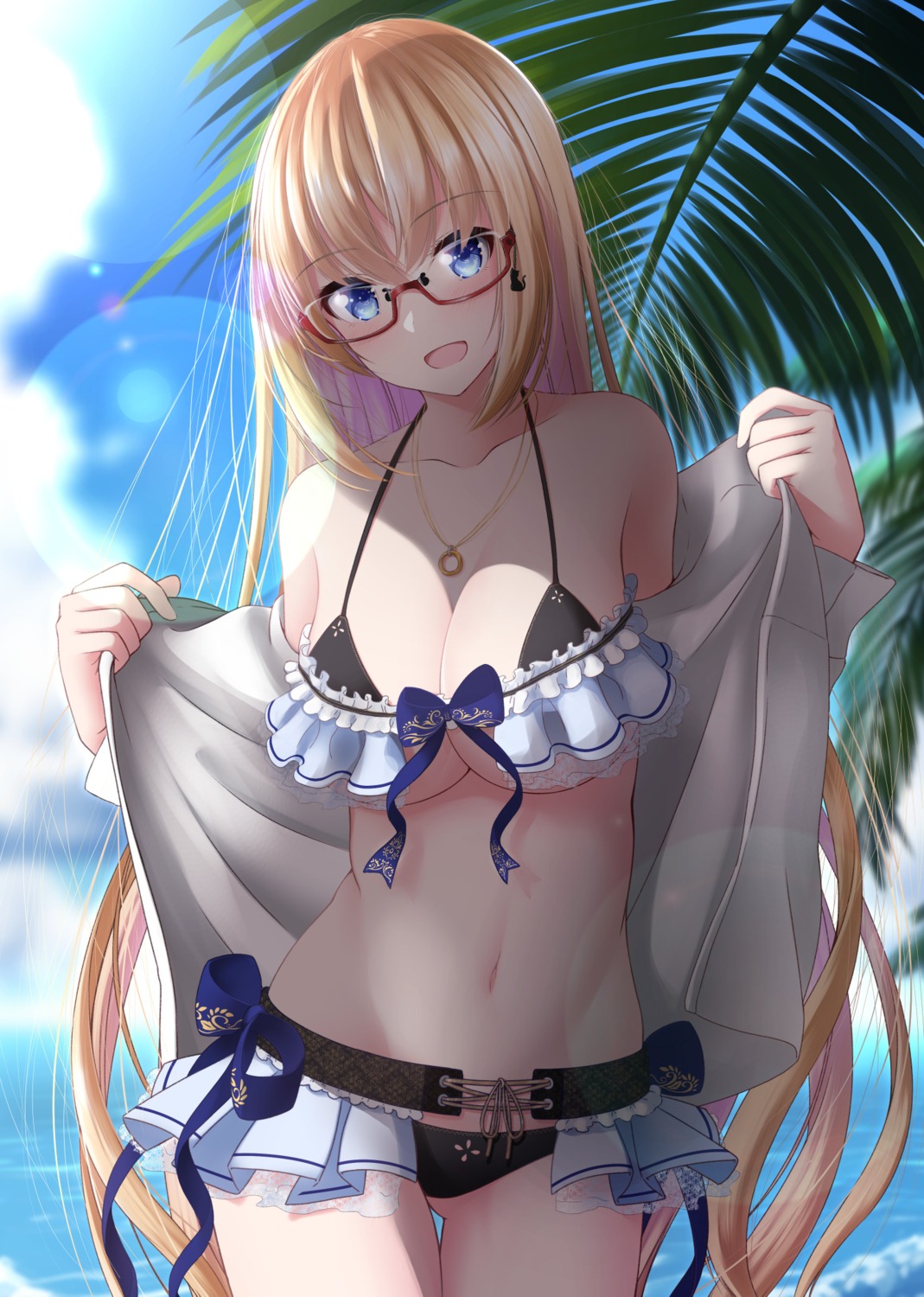 bikini cleavage megane nekobaka open_shirt swimsuits underboob undressing