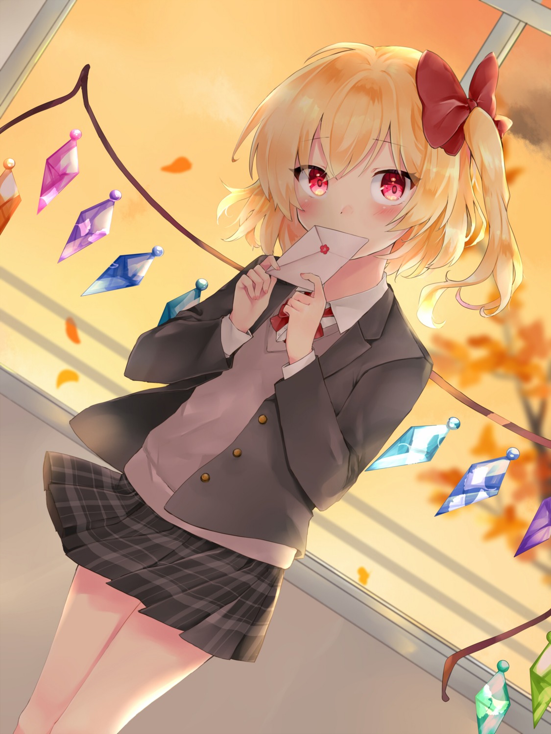 flandre_scarlet seifuku skirt_lift sweater touhou wings yurara_(aroma42enola)