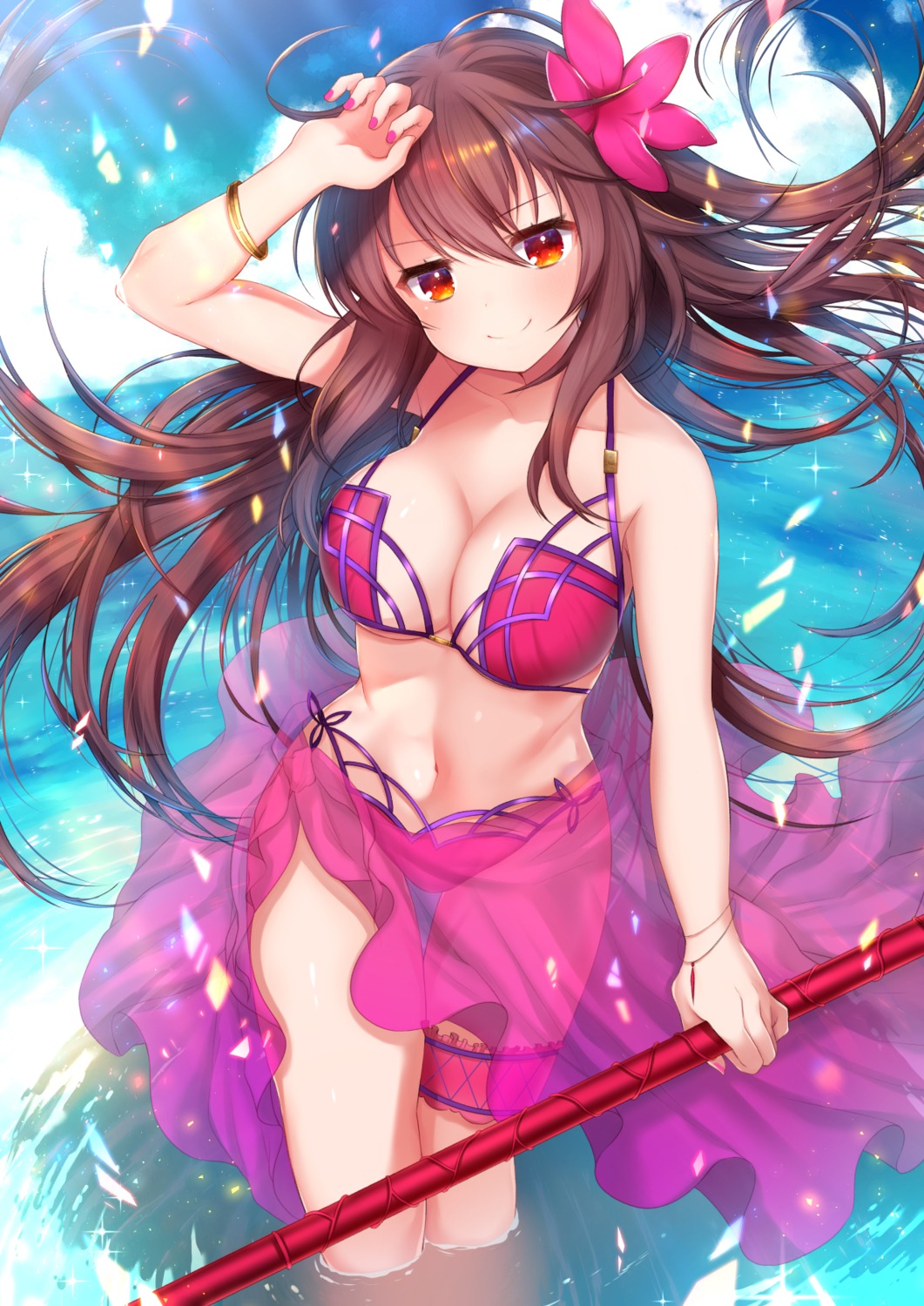 akirannu bikini cleavage fate/grand_order garter scathach_(fate/grand_order) see_through swimsuits weapon wet