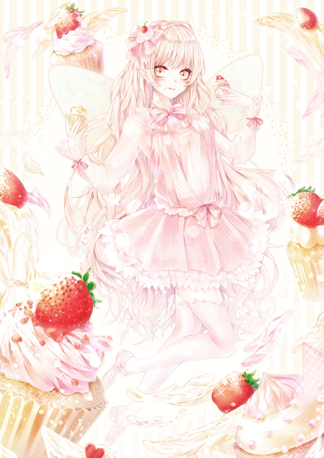 cream dress fairy mori_rito pointy_ears thighhighs wings