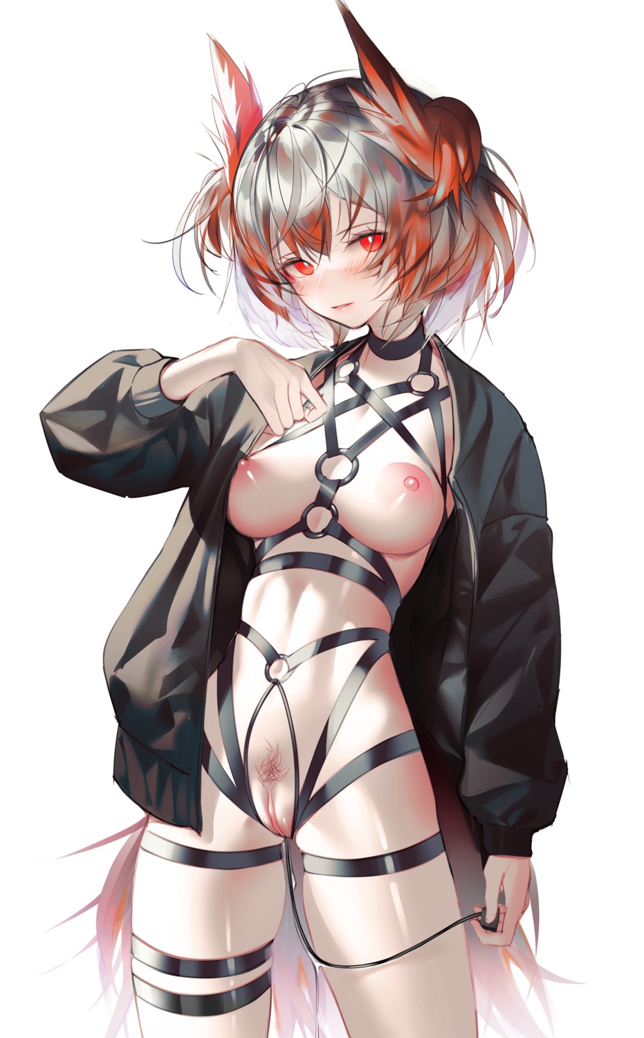 animal_ears arknights bottomless breasts fiammetta_(arknights) garter iumu nipples no_bra open_shirt pubic_hair pussy tail uncensored vibrator