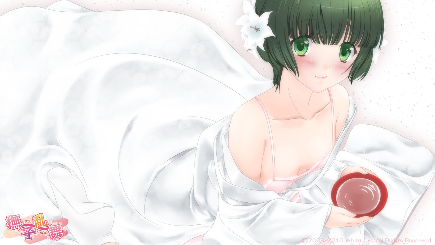 bra cleavage nadeshiko_ranbu open_shirt robe saijouji_chisa sake tagme wallpaper white_cyc