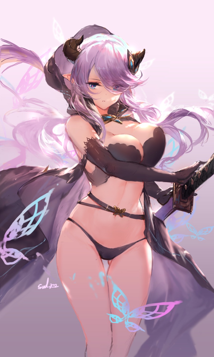 bra breast_hold cleavage granblue_fantasy horns narumeia_(granblue_fantasy) pantsu pointy_ears swd3e2 sword