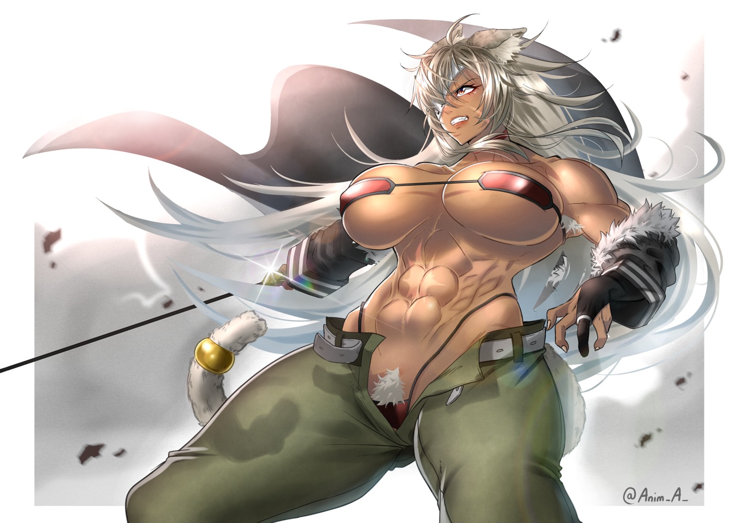 anima_(togashi) animal_ears erect_nipples eyepatch ghislaine_dedoldia mushoku_tensei nekomimi no_bra open_shirt pantsu pubic_hair sword tail