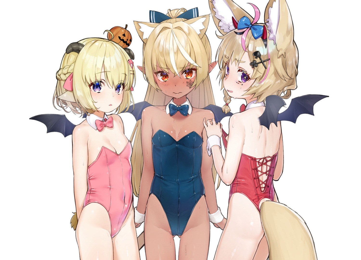 animal_ears bunny_ears bunny_girl elf hololive loli no_bra omaru_polka oshiruko_(oshiruco_212048) pointy_ears shiranui_flare tail tsunomaki_watame undressing wet wings