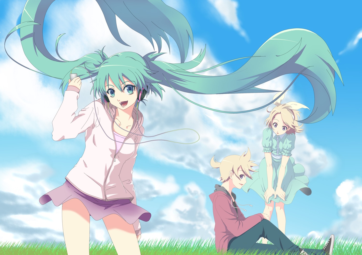 hatsune_miku kagamine_len kagamine_rin landscape vocaloid yooguru