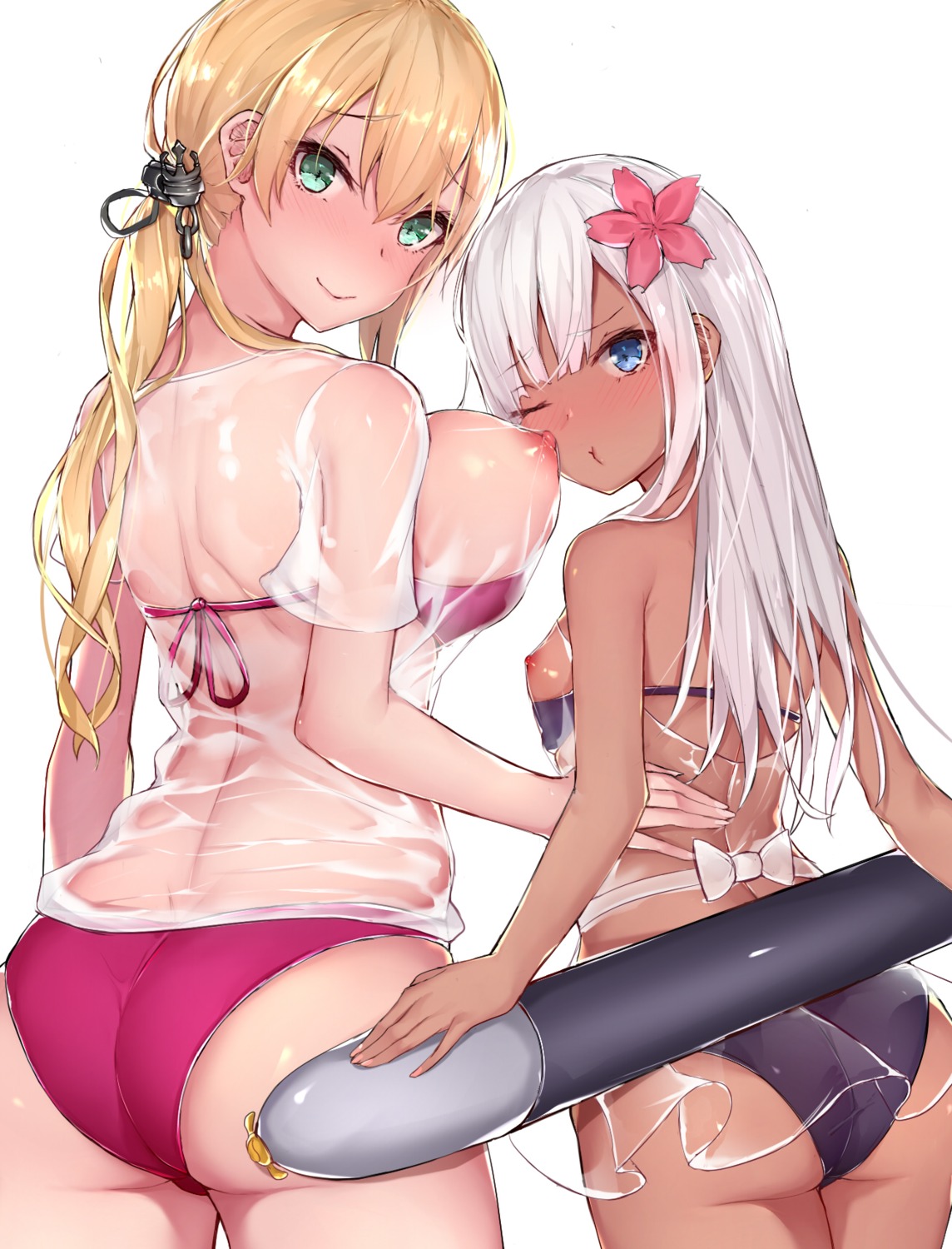 ass bikini breasts kantai_collection loli nipples prinz_eugen_(kancolle) ro-500 see_through sherryqq swimsuits wet_clothes