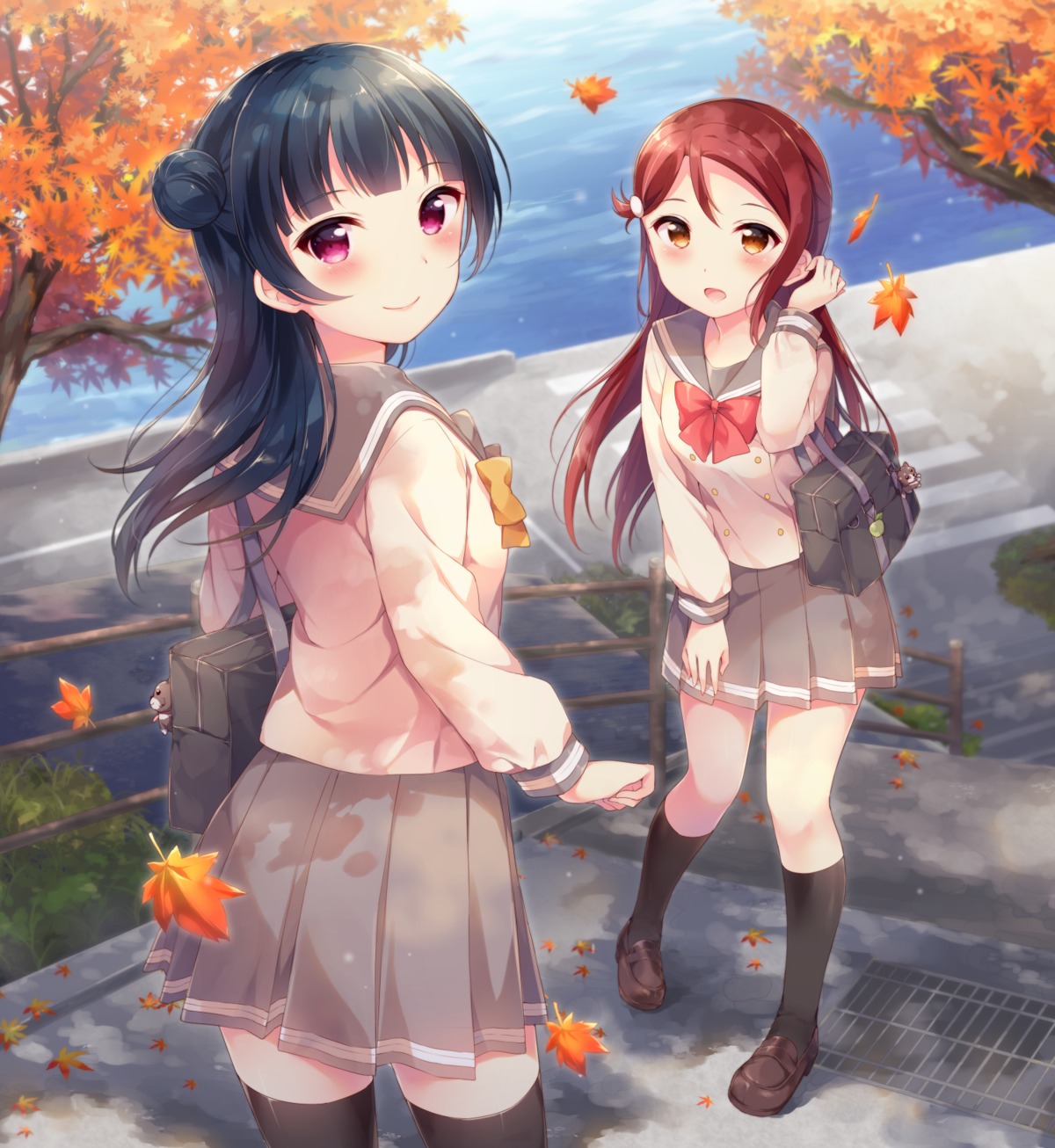 hazuki_(sutasuta) love_live!_sunshine!! sakurauchi_riko seifuku thighhighs tsushima_yoshiko