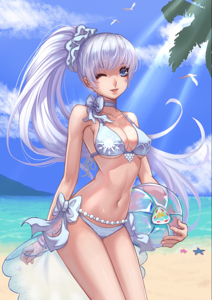 bikini bojue_yu_yaojing cleavage erect_nipples rwby swimsuits underboob weiss_schnee