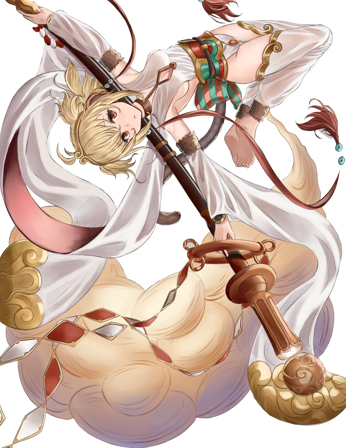 andira_(granblue_fantasy) animal_ears asian_clothes cleavage garter granblue_fantasy no_bra red-tea see_through tail thighhighs weapon