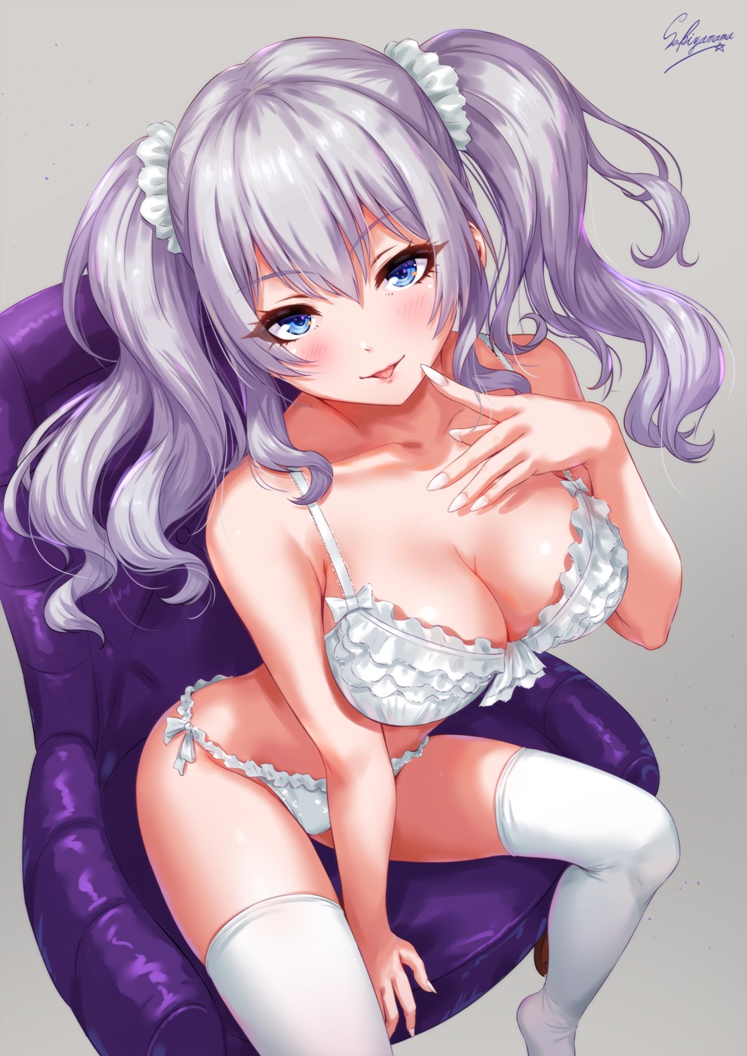 bra cleavage kantai_collection kashima_(kancolle) pantsu sakiyamama string_panties thighhighs