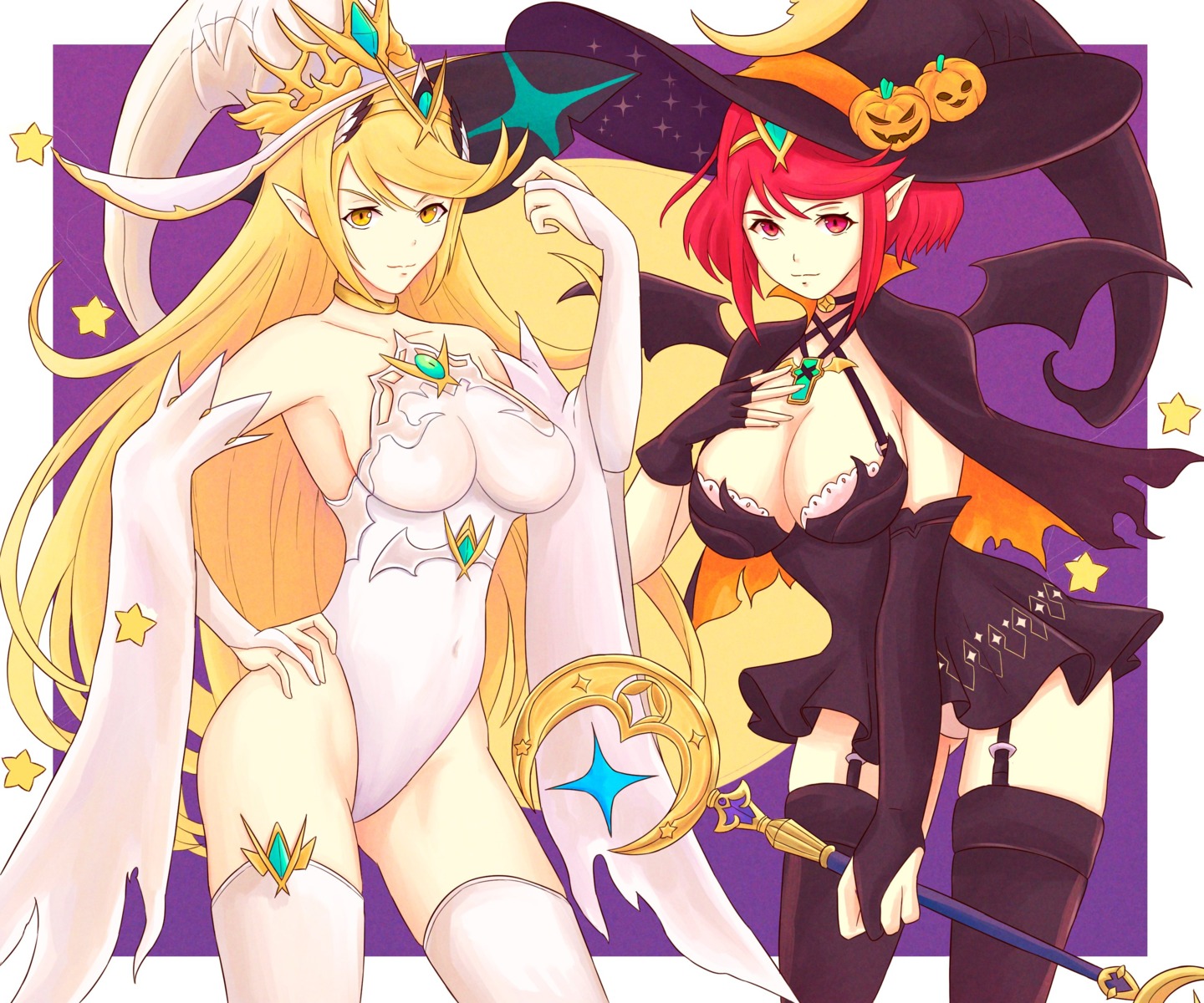 dress halloween hikari_(xenoblade_2) homura_(xenoblade_2) leotard no_bra pantsu pointy_ears stockings thighhighs truejekart weapon wings witch xenoblade xenoblade_chronicles_2