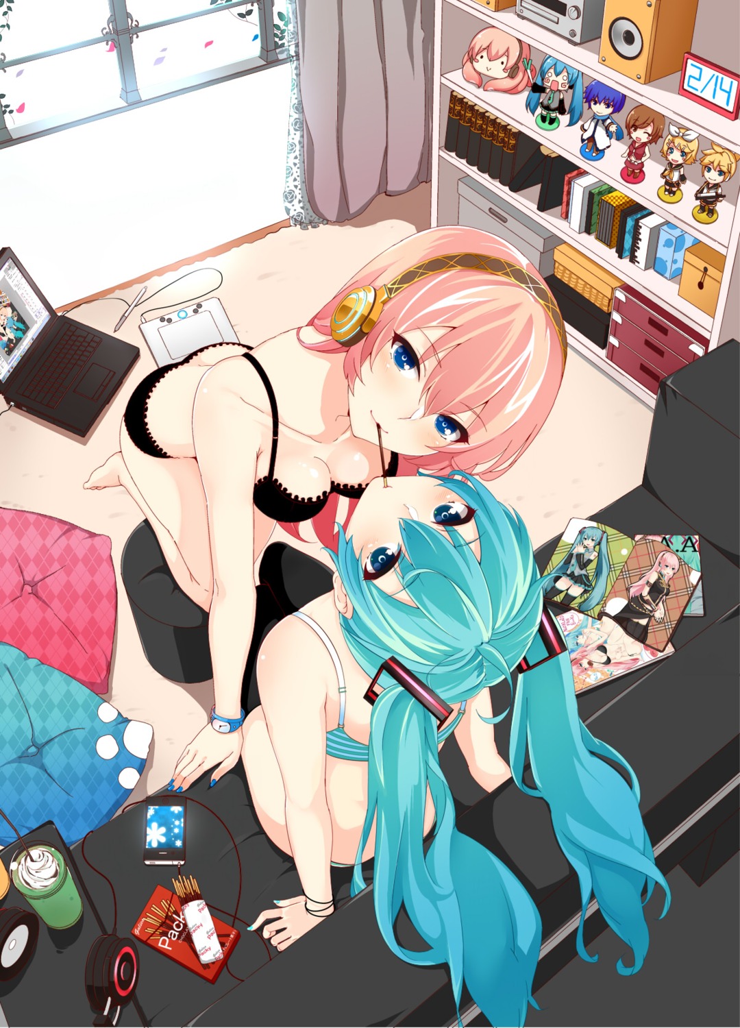 bra cleavage hatsune_miku headphones kagamine_len kagamine_rin kaito megurine_luka meiko nuko_(mikupantu) pantsu shimapan vocaloid yuri