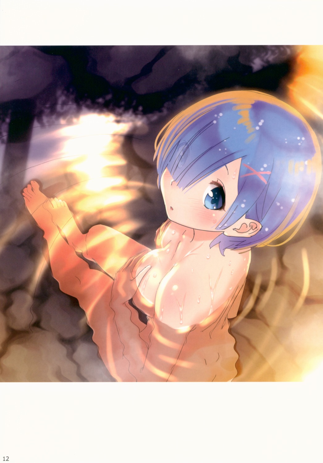 bathing breast_hold kamikire_basami naked onsen re_zero_kara_hajimeru_isekai_seikatsu rem_(re_zero) wet yasuyuki