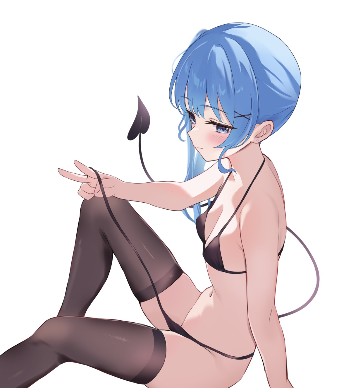 bikini fawny hololive hoshimachi_suisei panty_pull pussy swimsuits tail thighhighs undressing