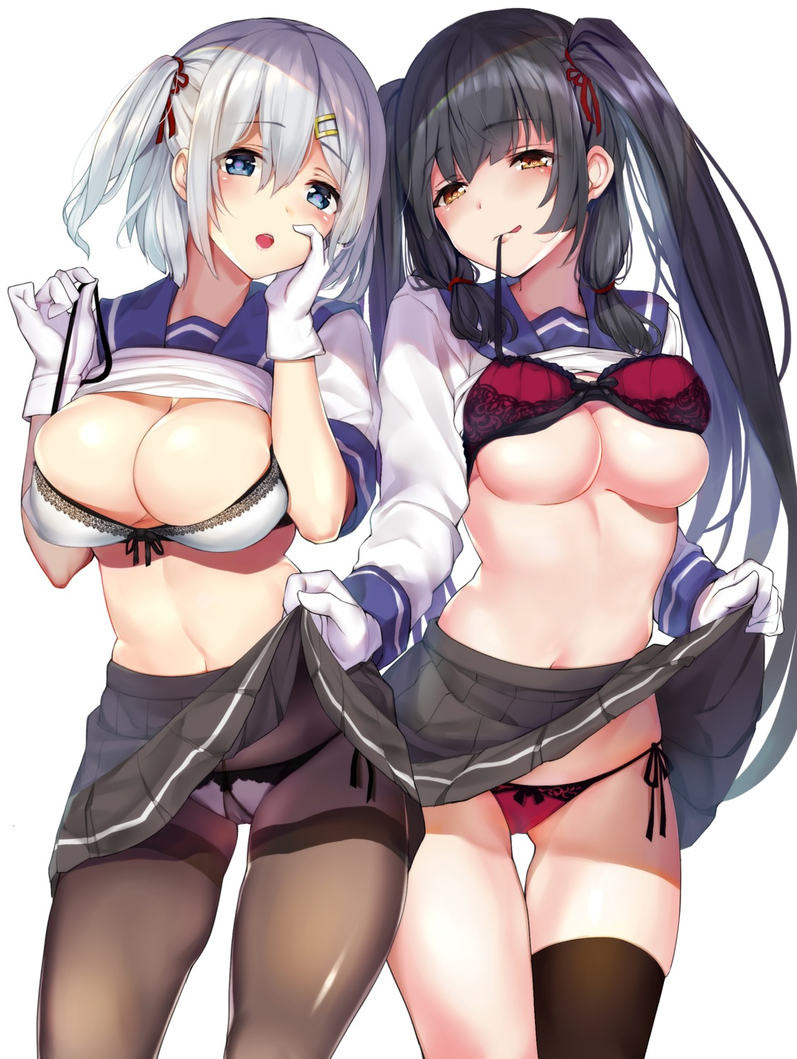 bra cameltoe hamakaze_(kancolle) isokaze_(kancolle) kantai_collection monoto pantsu pantyhose seifuku shirt_lift skirt_lift string_panties thighhighs