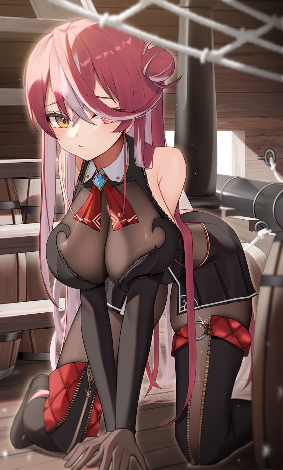 bodysuit breast_hold heterochromia hololive houshou_marine leotard see_through thighhighs thomas_8000