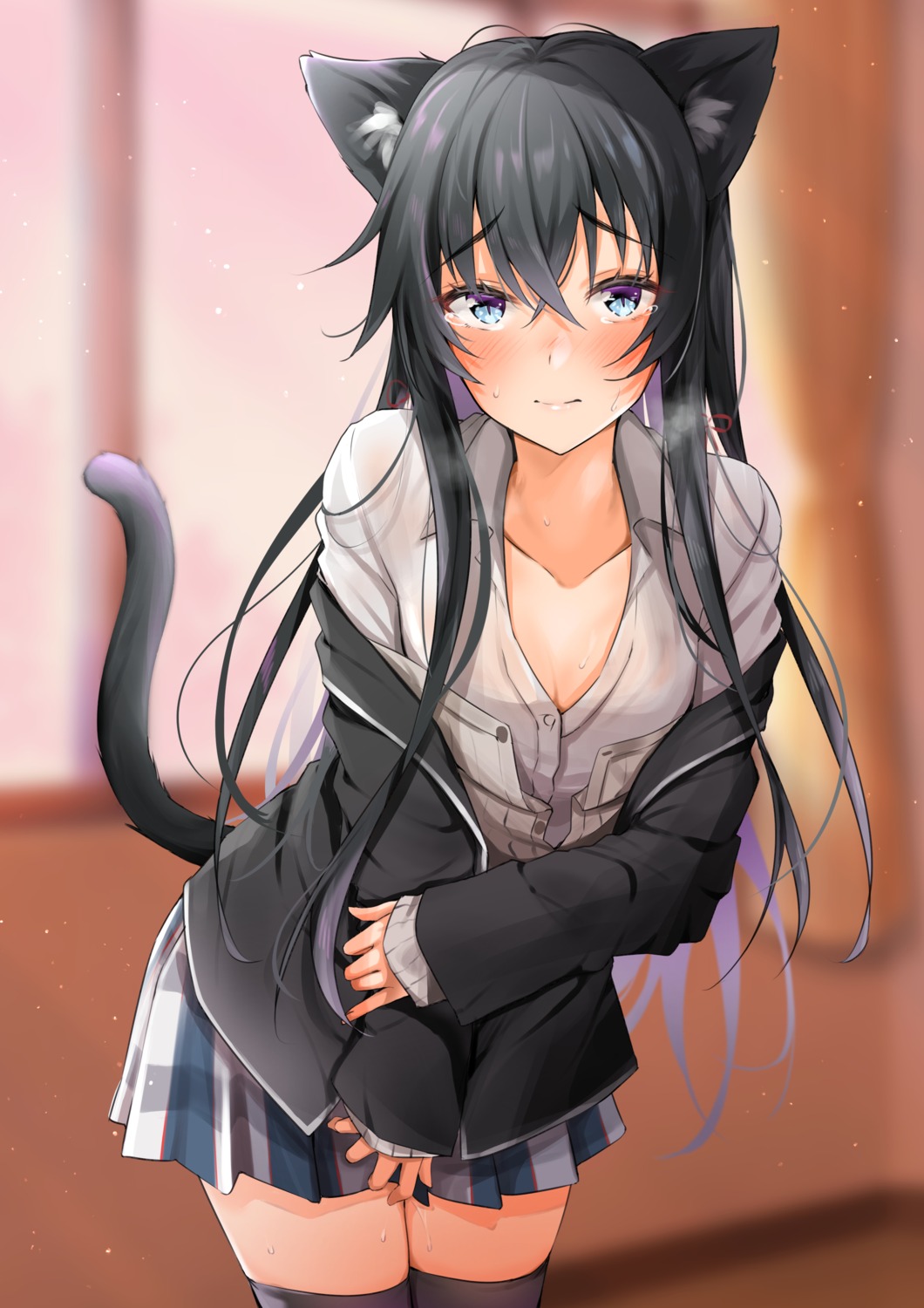 animal_ears cleavage nakamachi_machi nekomimi open_shirt see_through seifuku sweater tail thighhighs wet yahari_ore_no_seishun_lovecome_wa_machigatteiru. yukinoshita_yukino