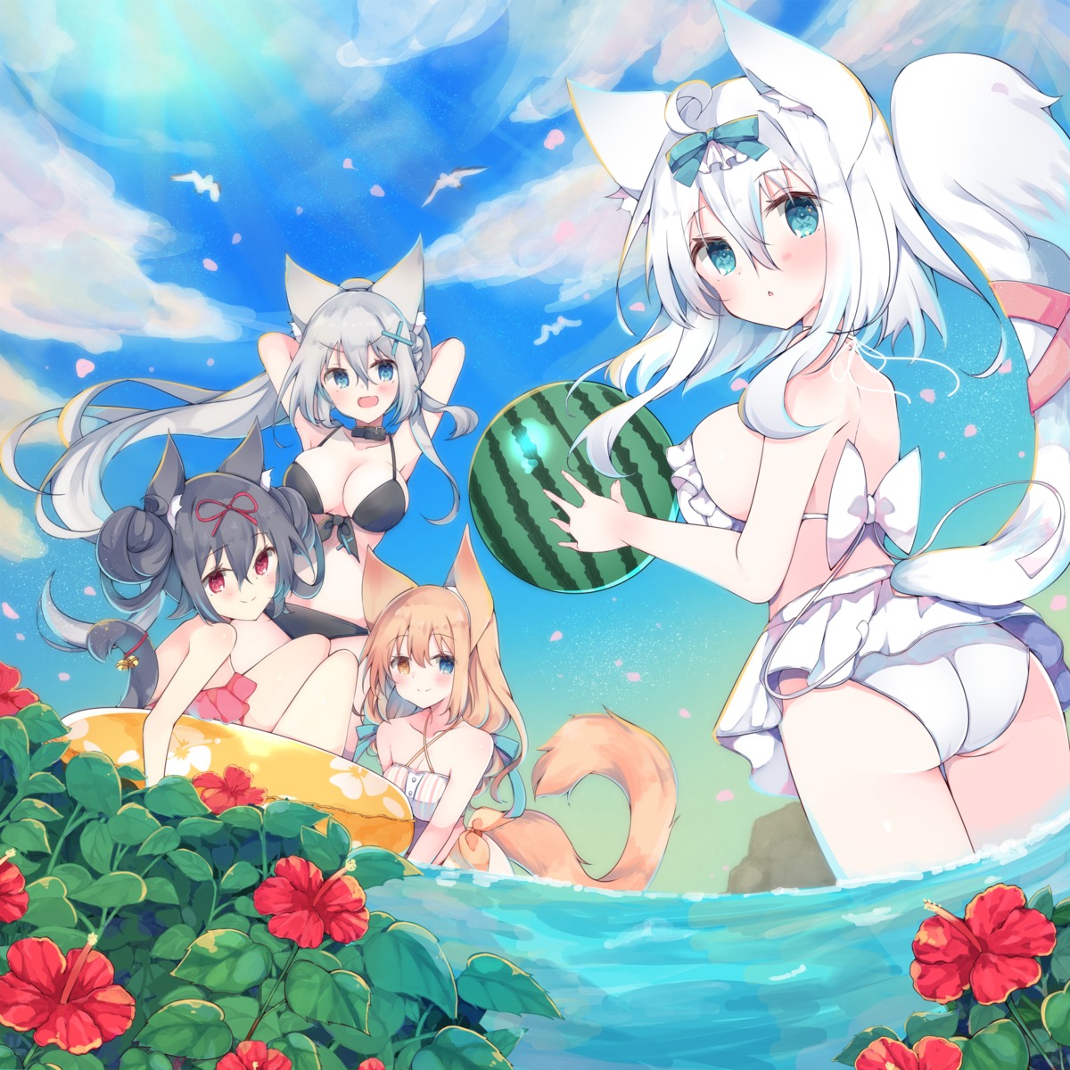 animal_ears ass bikini heterochromia nekomimi satsuki_mayuri swimsuits tail wet