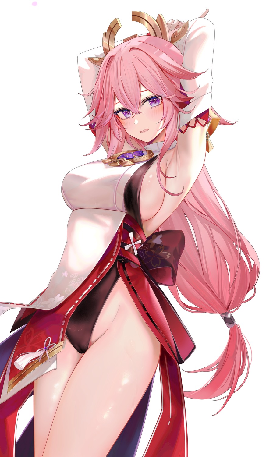 animal_ears cameltoe genshin_impact japanese_clothes kitsune leotard no_bra nopan ru_zhai yae_miko