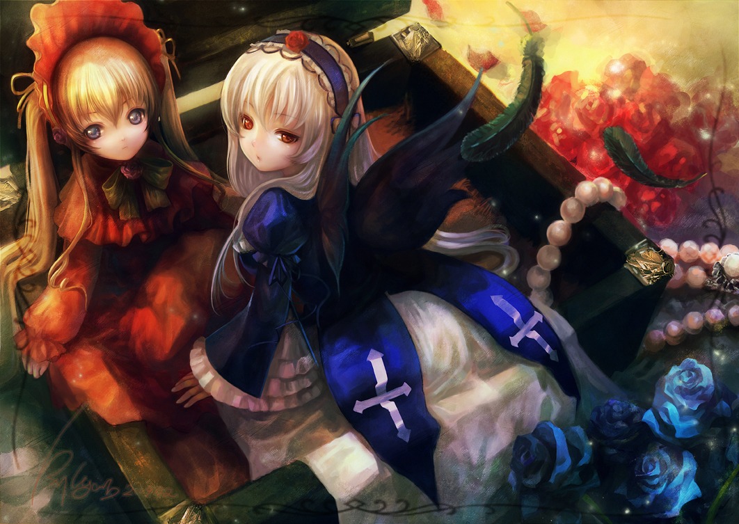 lolita_fashion rozen_maiden shinku suigintou wings yoru_(xueyinye)