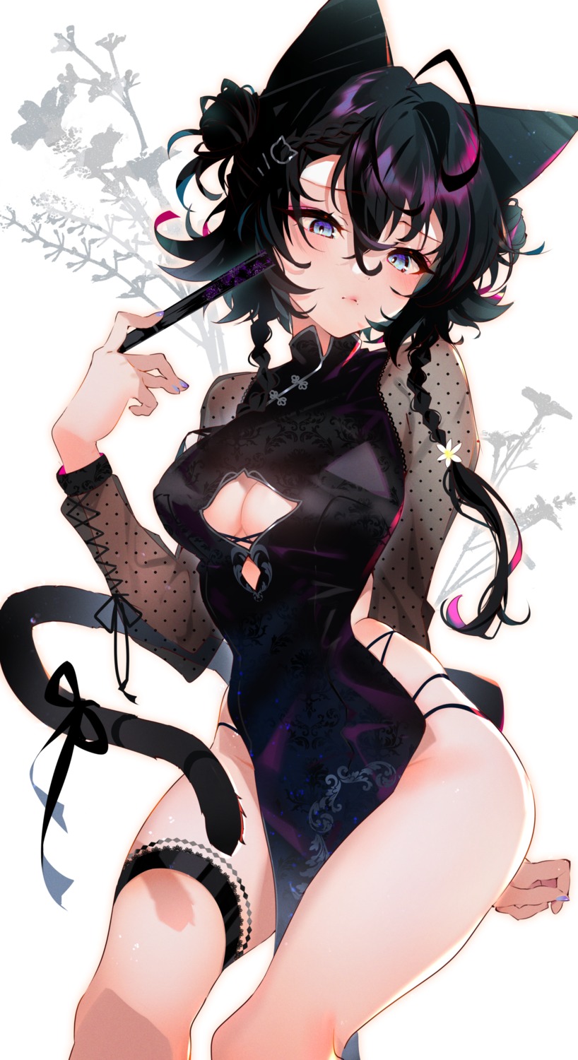 animal_ears arutera chinadress cleavage garter nekomimi no_bra see_through tail