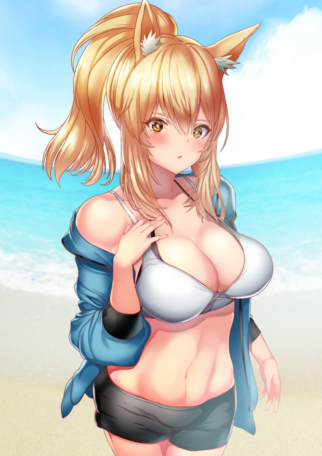 animal_ears arknights bikini_top effort_star nearl_(arknights) open_shirt swimsuits