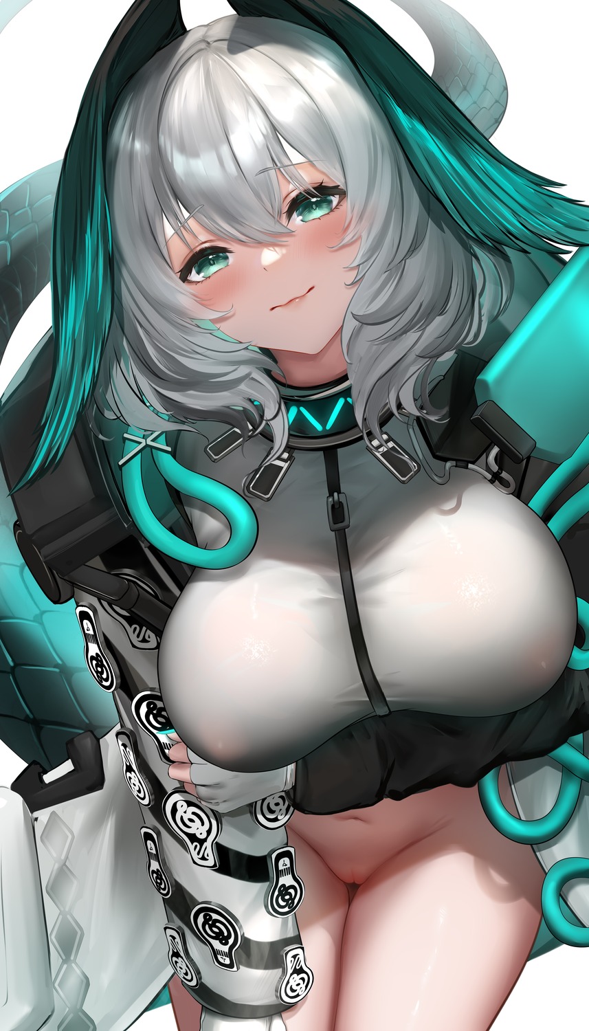 areola arknights bottomless ho'olheyak_(arknights) liu_liaoliao no_bra pussy see_through tail uncensored wings