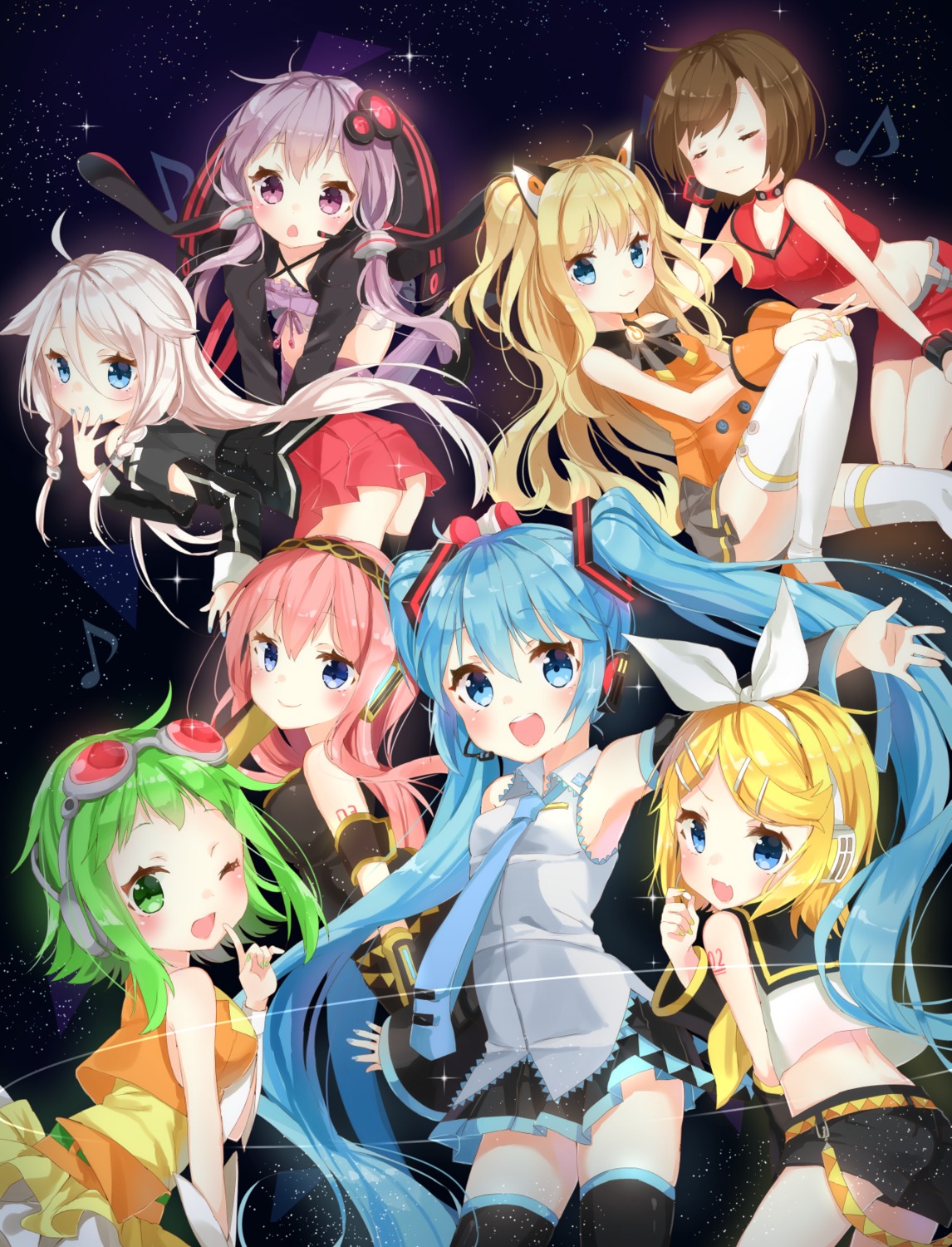 ass cleavage dress gumi hatsune_miku headphones ia_(vocaloid) jimmy kagamine_rin megurine_luka meiko nopan seeu tattoo thighhighs vocaloid yuzuki_yukari