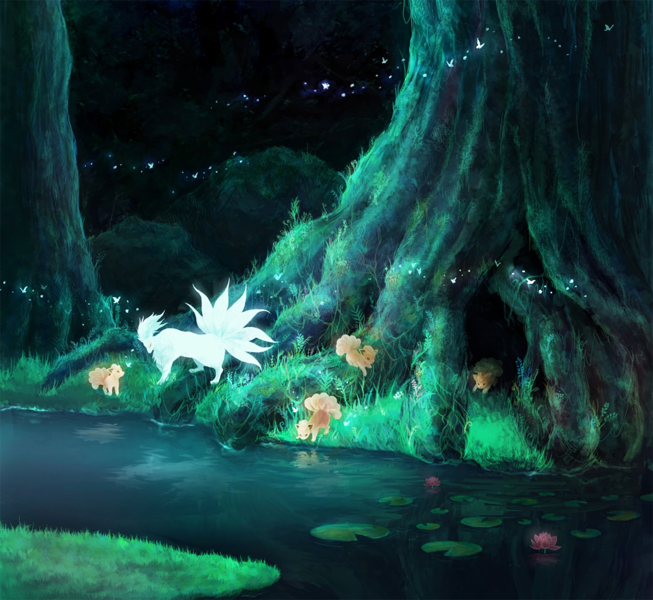 landscape monster nazumu ninetales pokemon vulpix