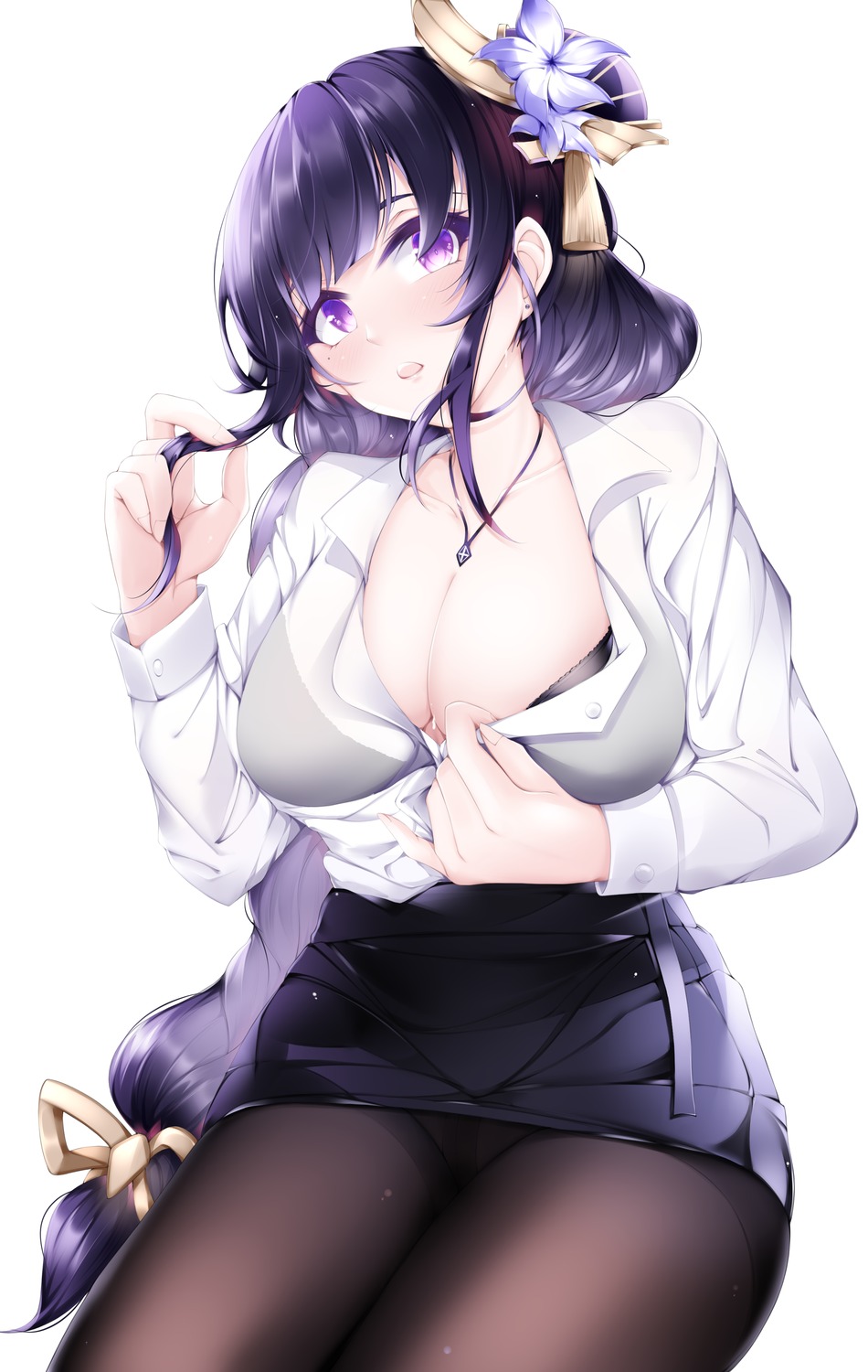 1921494015 bra dress_shirt genshin_impact open_shirt pantyhose raiden_shogun see_through skirt_lift undressing