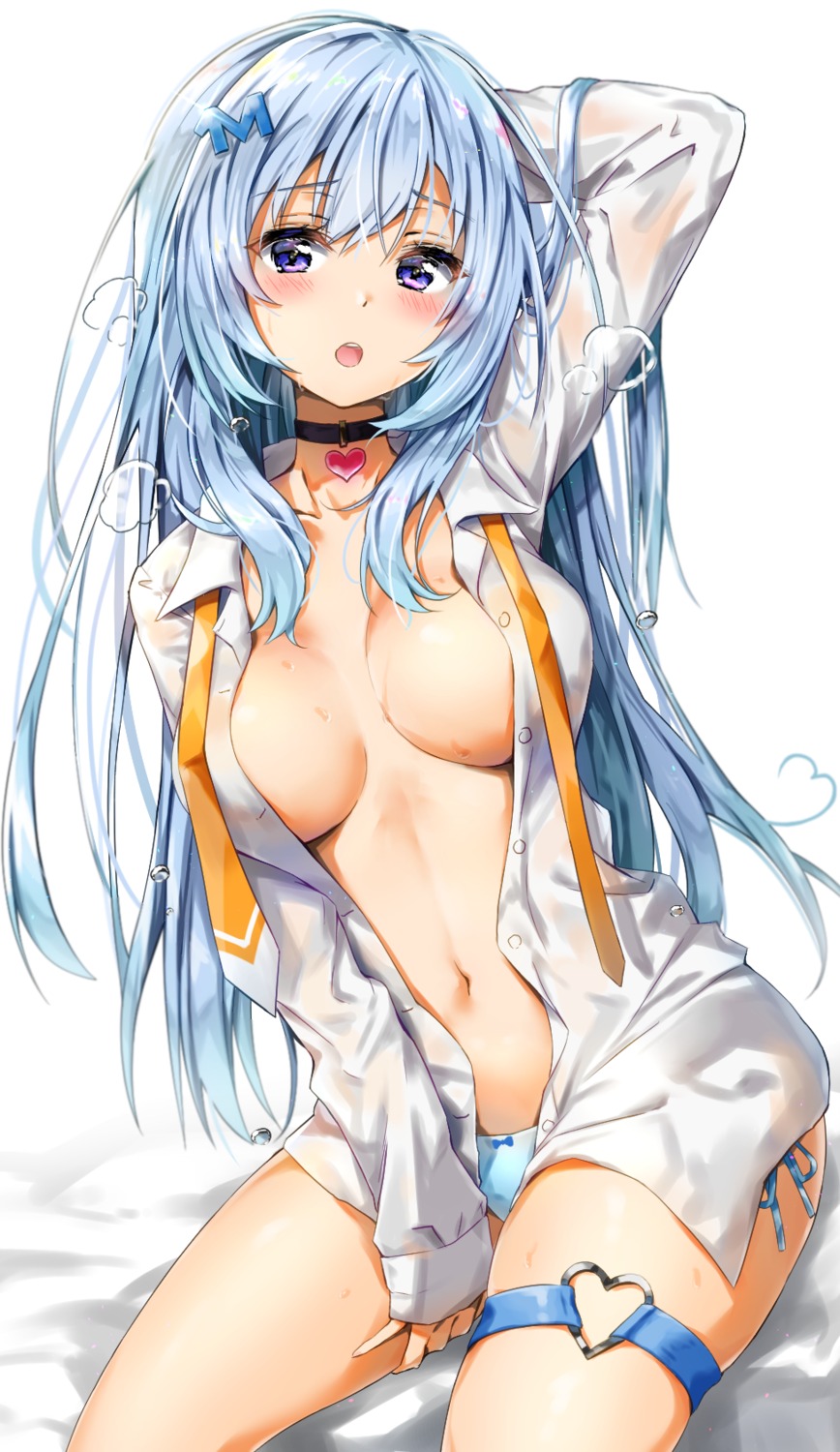 cleavage dress_shirt emori_miku emori_miku_project garter kuria_(clear_trip_second) no_bra open_shirt pantsu see_through string_panties wet wet_clothes