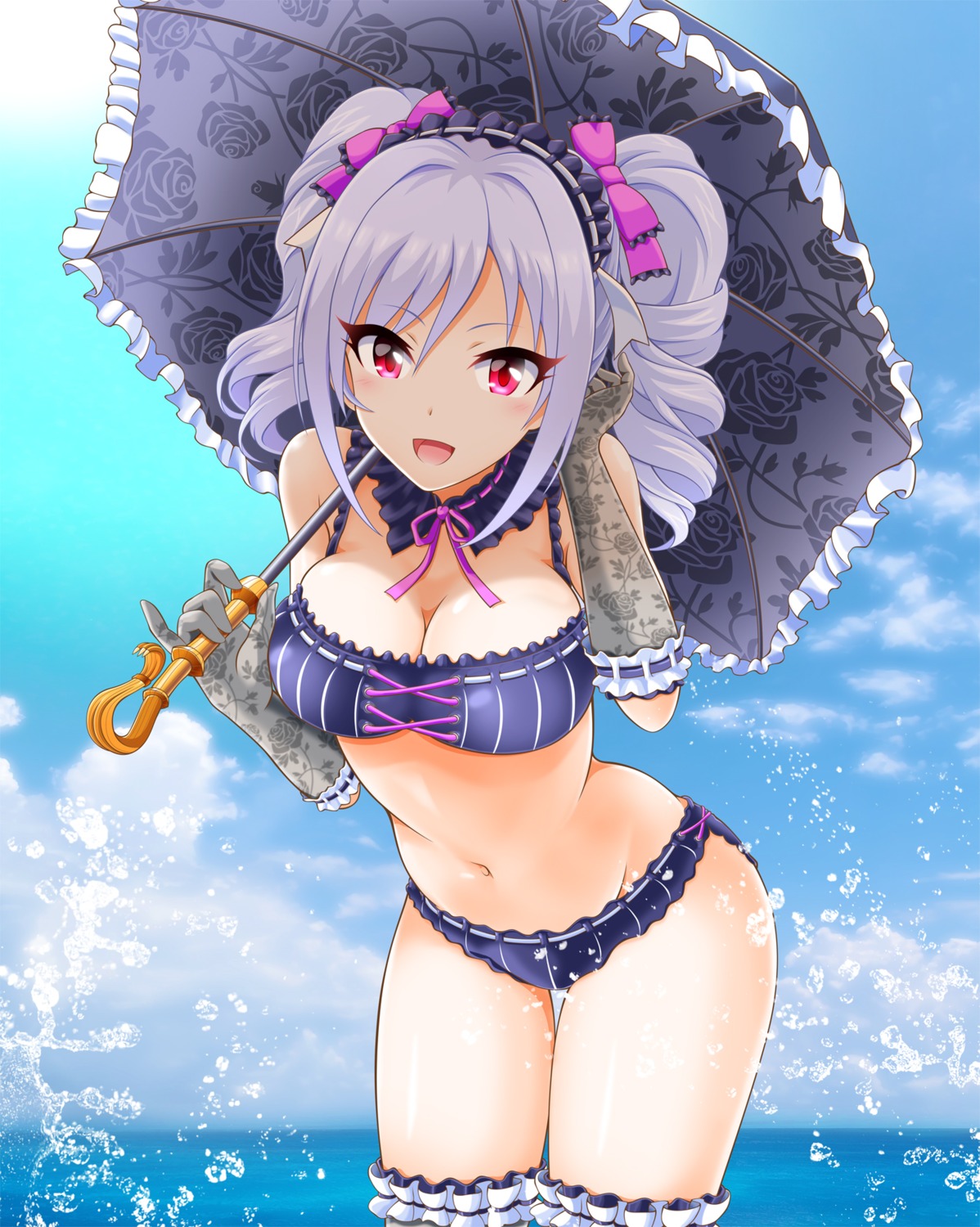 bikini cleavage eva_16-gouki kanzaki_ranko swimsuits the_idolm@ster the_idolm@ster_cinderella_girls thighhighs umbrella