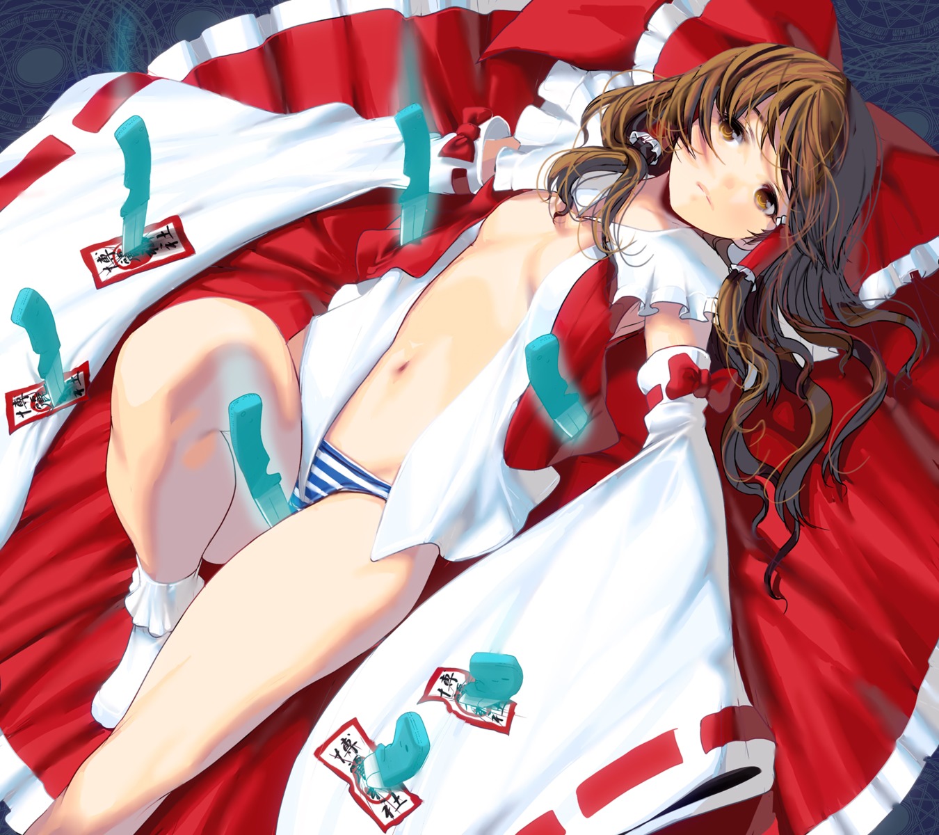 hakurei_reimu masao no_bra open_shirt pantsu shimapan touhou weapon