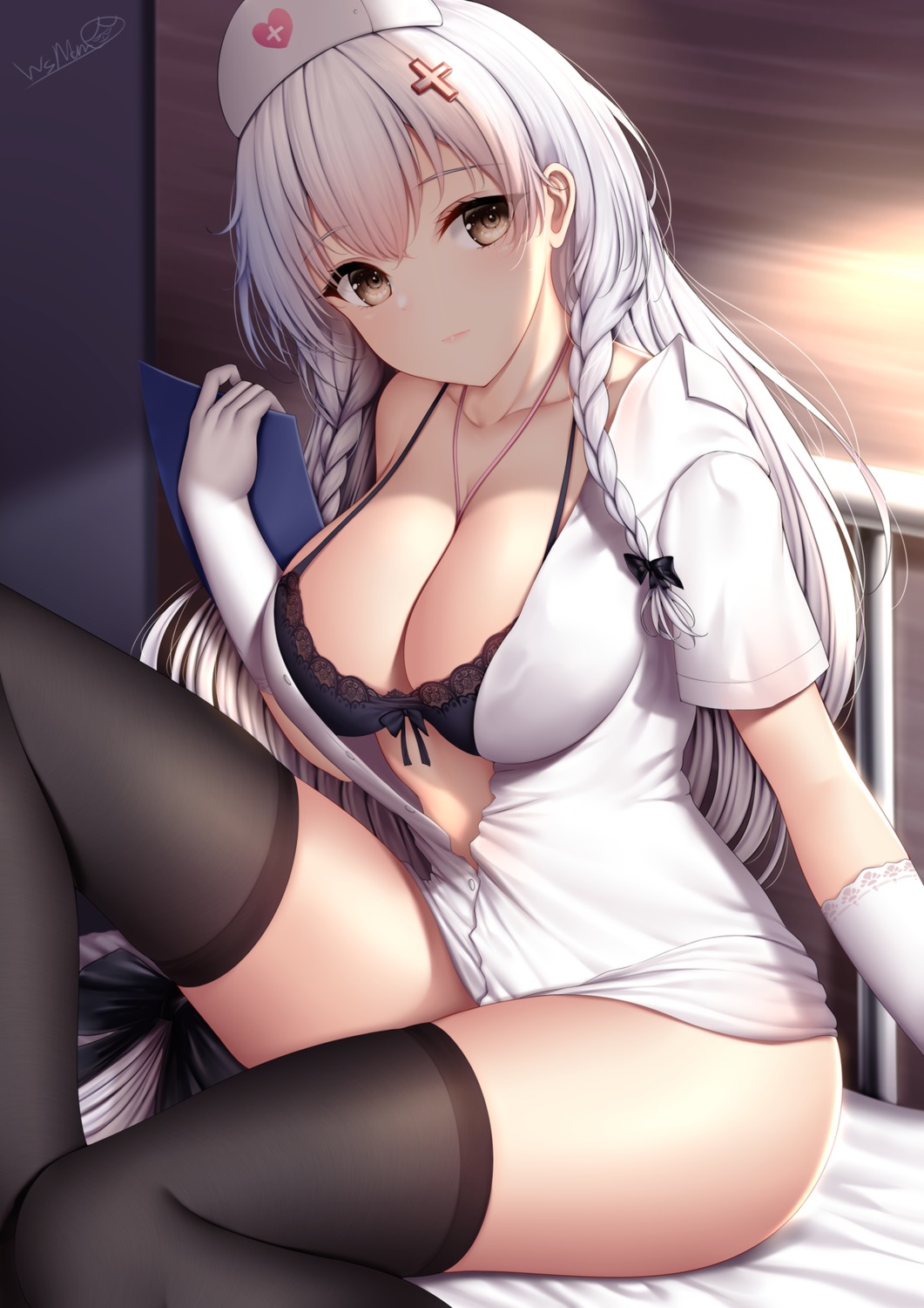 azur_lane bra hermione_(azur_lane) nurse open_shirt see_through skirt_lift thighhighs wsman