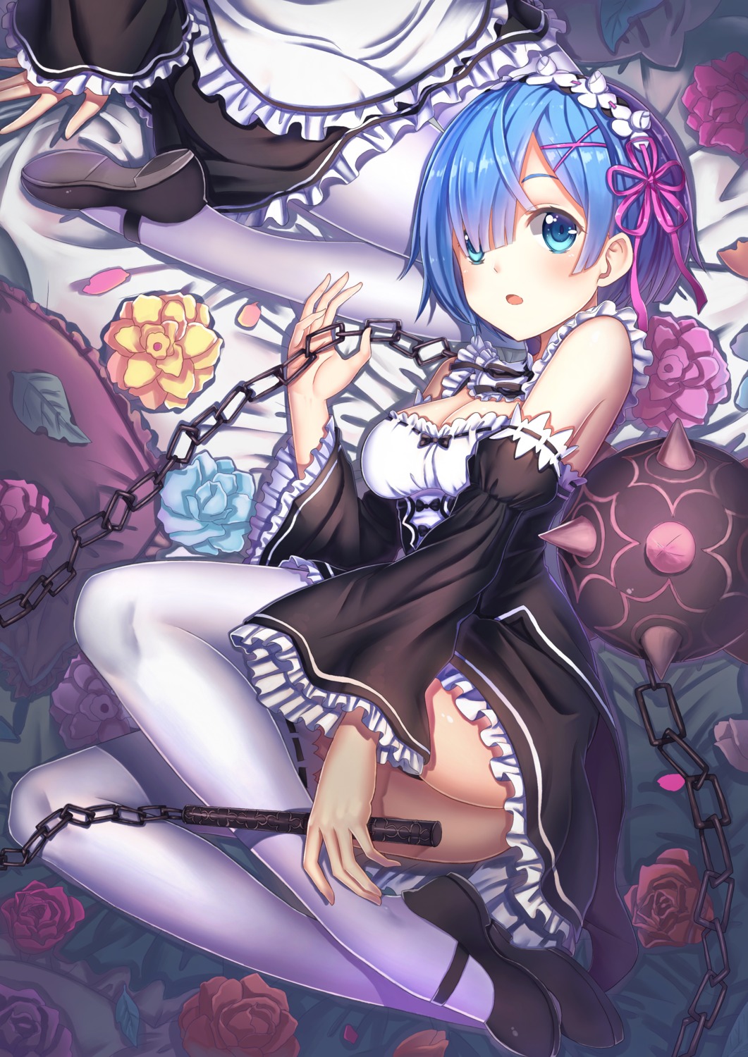 ass chunrijun_(springer) cleavage maid nopan re_zero_kara_hajimeru_isekai_seikatsu rem_(re_zero) thighhighs weapon