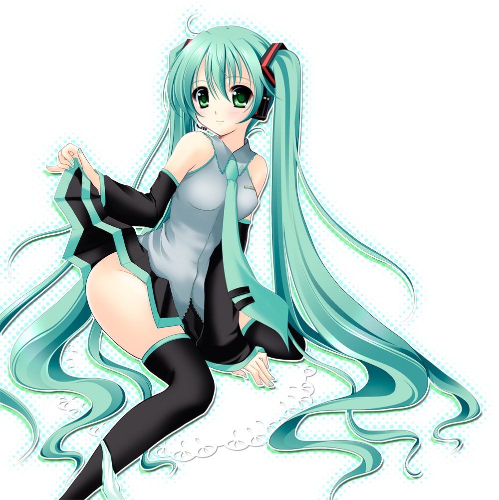 hatsune_miku headphones mizukoshi_mayu nopan skirt_lift thighhighs vocaloid