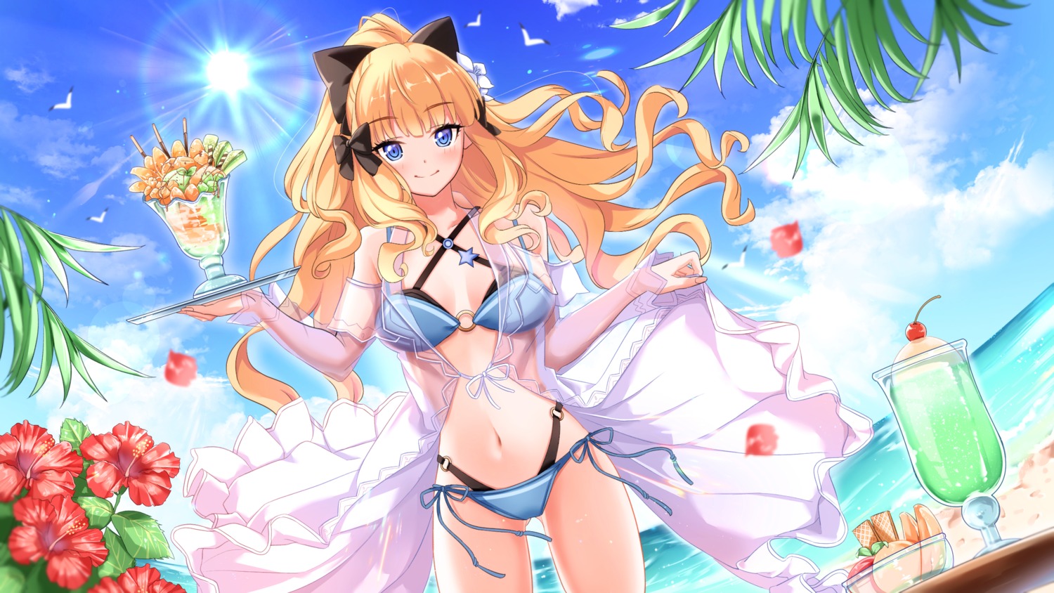 bikini cleavage ktmzlsy720 open_shirt princess_connect princess_connect!_re:dive sasaki_saren see_through skirt_lift swimsuits