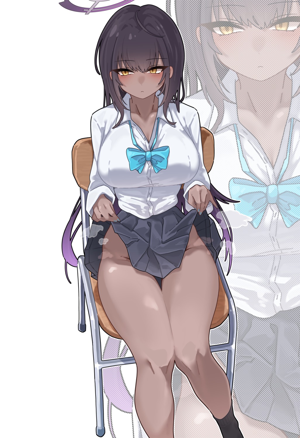 blue_archive cleavage halo kakudate_karin nopan open_shirt seifuku shiro_sai5 skirt_lift