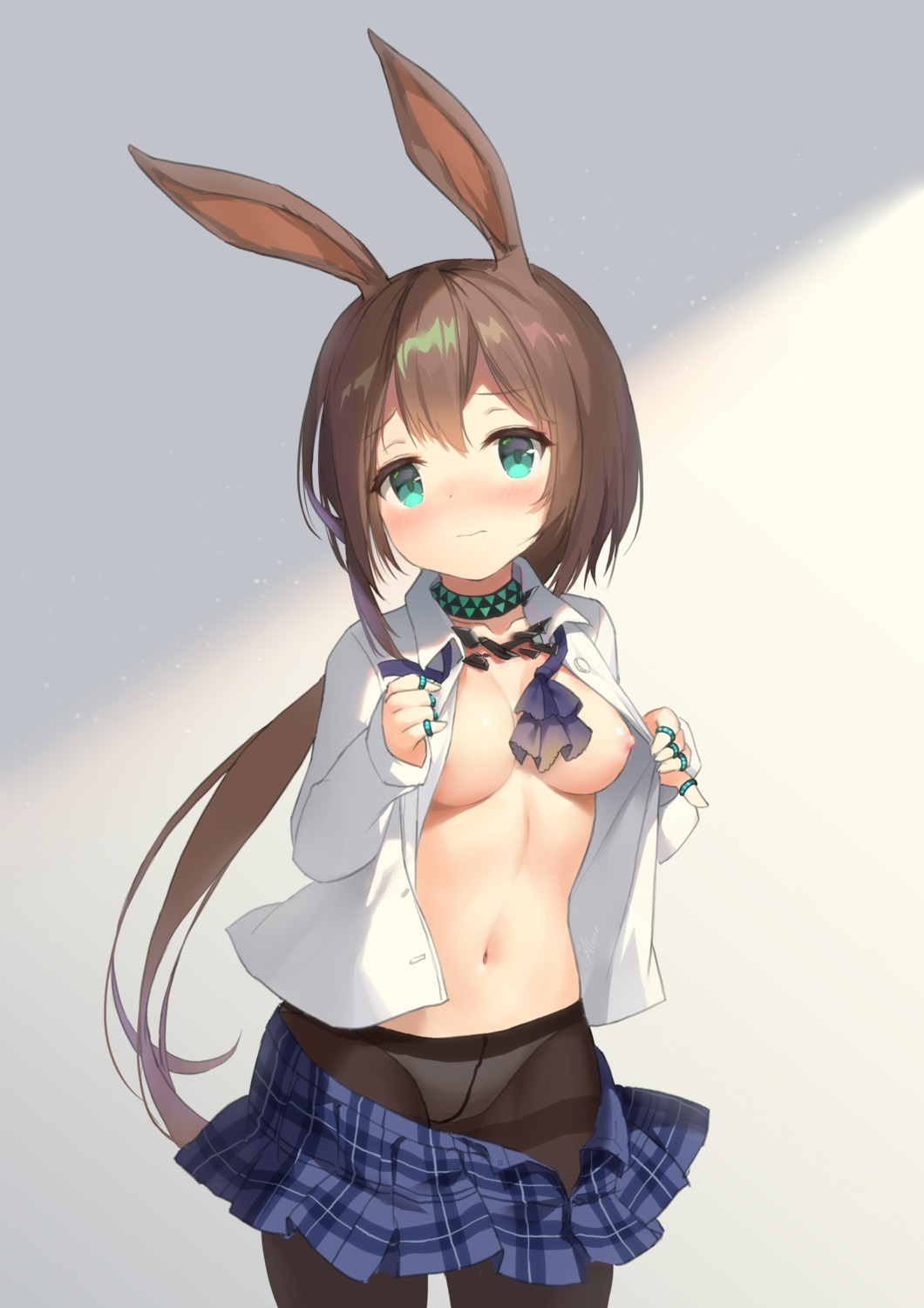 aliter amiya_(arknights) animal_ears arknights breasts bunny_ears nipples no_bra open_shirt pantsu pantyhose seifuku undressing