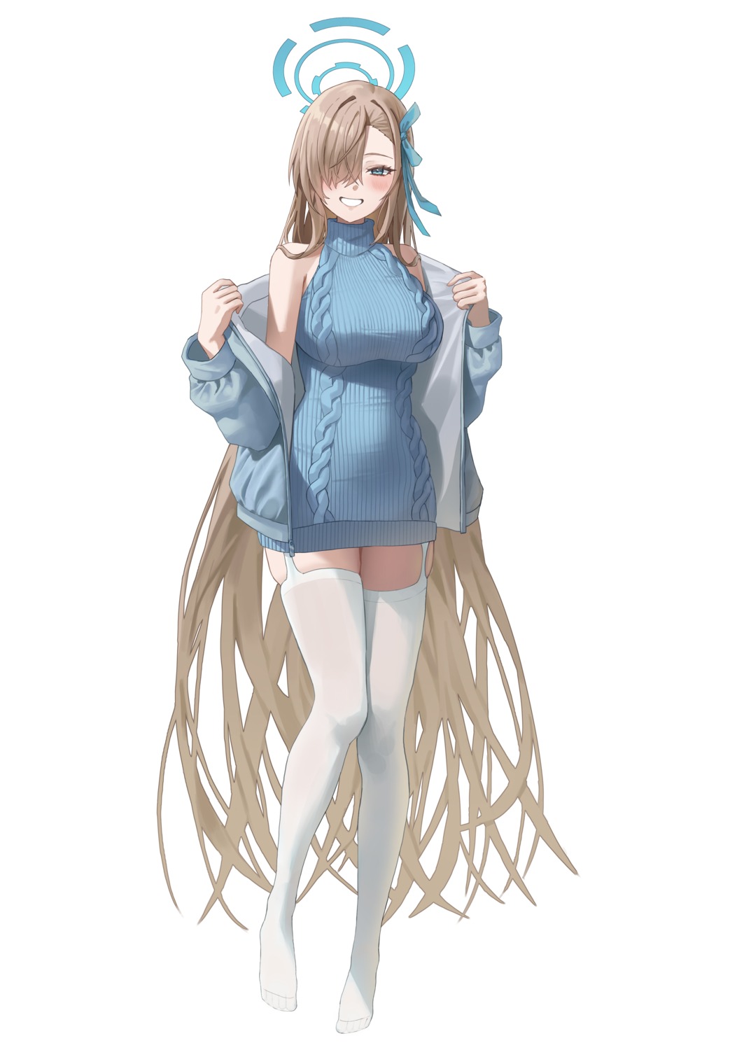 blue_archive halo ichinose_asuna m0_0m_c no_bra stockings sweater thighhighs