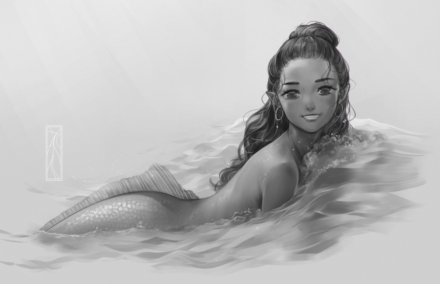 kotikomori mermaid monochrome monster_girl naked pointy_ears wet