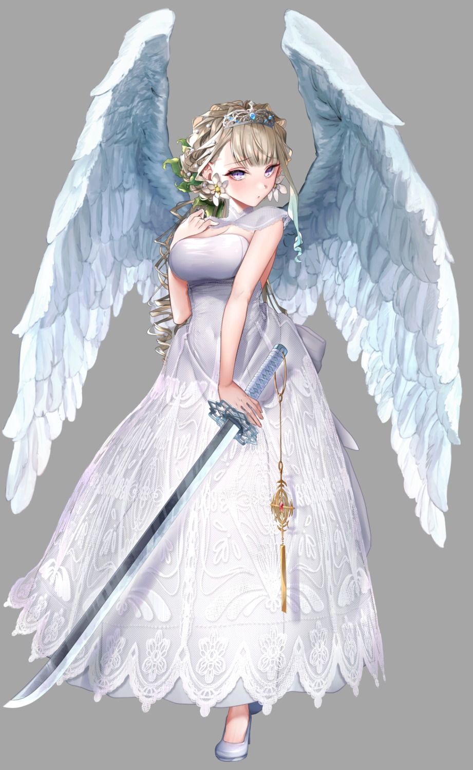 ayamori_mimi cleavage dress sword wings