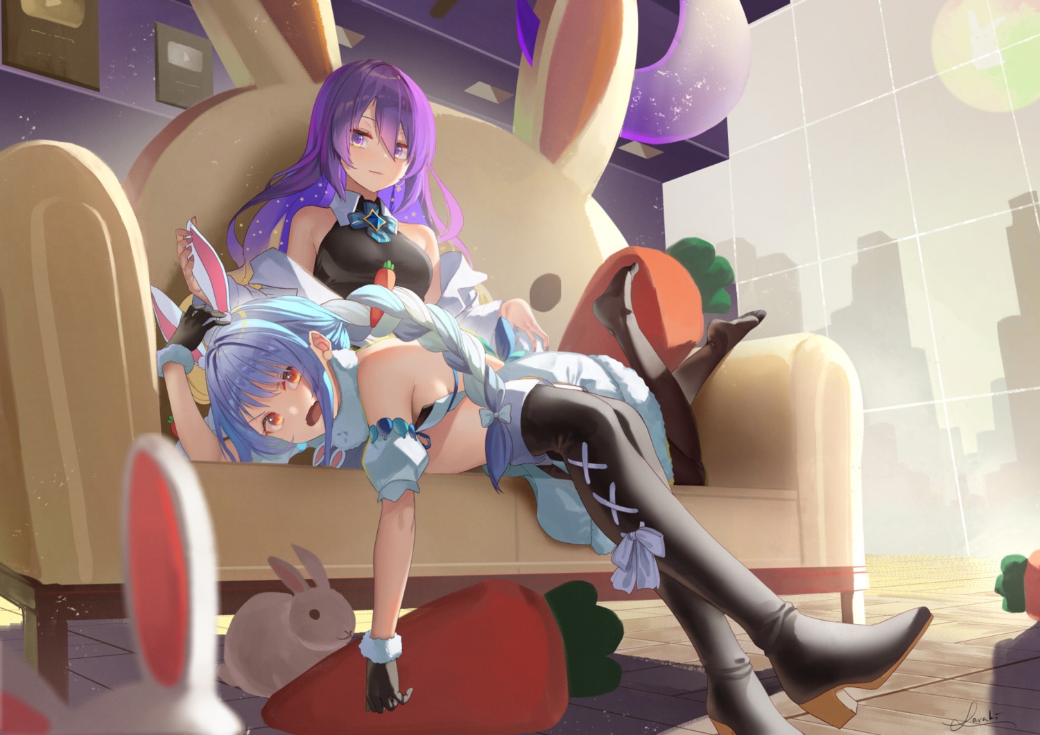 animal_ears bunny_ears heels hololive hololive_indonesia moona_hoshinova no_bra saraki thighhighs usada_pekora